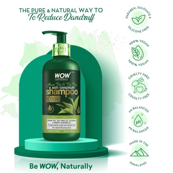 WOW Skin Science Green Tea & Tea Tree Shampoo – Best Shampoo for Oily Scalp & Dandruff Control - Image 2